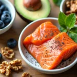 Various brain-boosting foods including blueberries, walnuts, salmon, avocado and dark chocolate on a wooden table