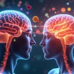 Detailed illustration of human brain and large intestine connected by glowing neural pathways with colorful bacteria and hormones