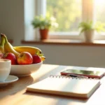 Bright morning breakfast table with coffee, fruit bowl, notebook, and sunlight through window