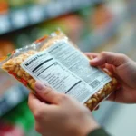 Close-up of hands holding and reading nutrition facts label on packaged food