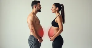 Front and side view of a fit man and woman showing muscle and fat distribution