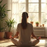 Woman meditating in a cozy living room with plants and soft natural light