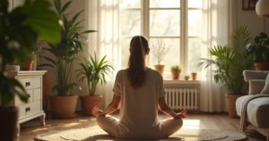 Woman meditating in a cozy living room with plants and soft natural light