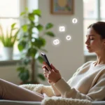 Woman sitting calmly with eyes closed holding smartphone turned off in a bright minimalist room