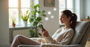 Woman sitting calmly with eyes closed holding smartphone turned off in a bright minimalist room