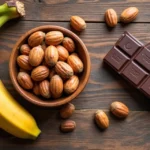 Assorted healthy snacks including banana, Brazil nuts, and dark chocolate on a wooden table with vibrant natural light