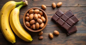 Assorted healthy snacks including banana, Brazil nuts, and dark chocolate on a wooden table with vibrant natural light