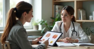 Professional nutritionist consulting with a patient in a modern office setting